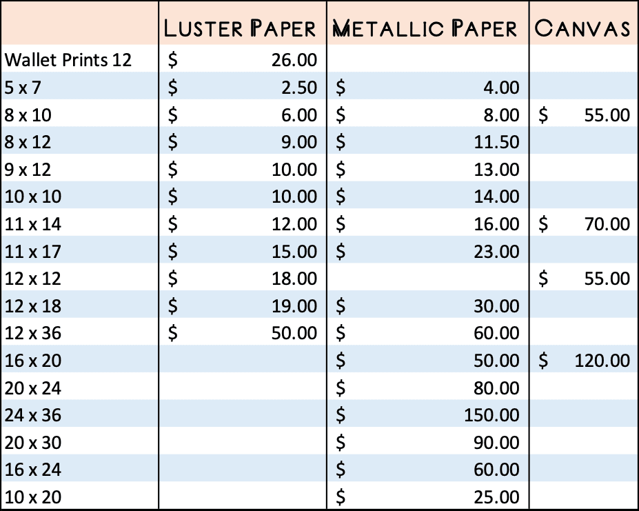 Pricing Table Prints